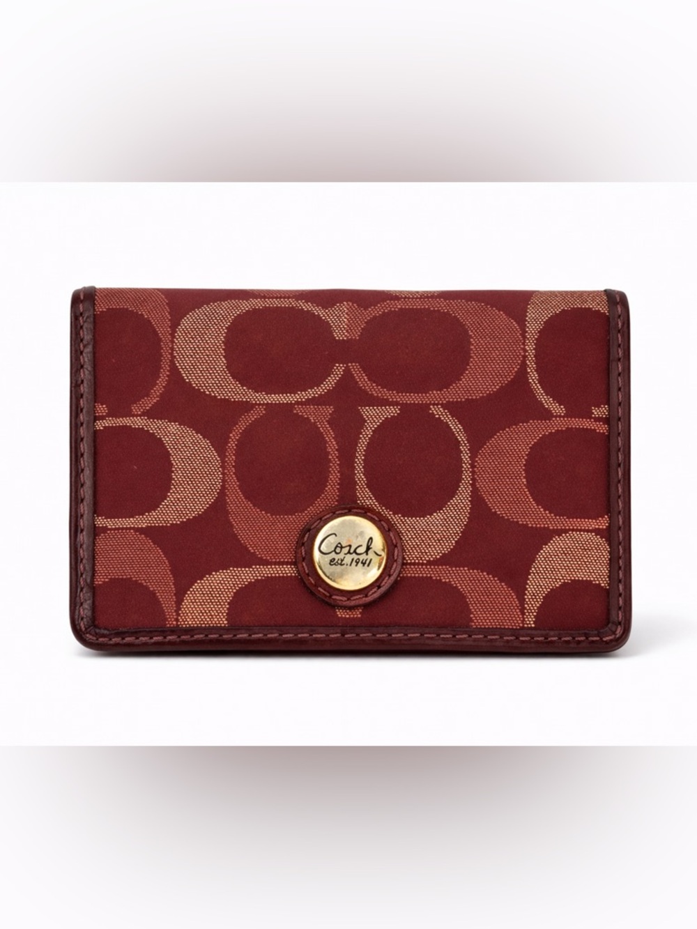 Coach Signature Burgundy Canvas Leather Wallet Mini Compact ID Holder - Picture 2 of 7